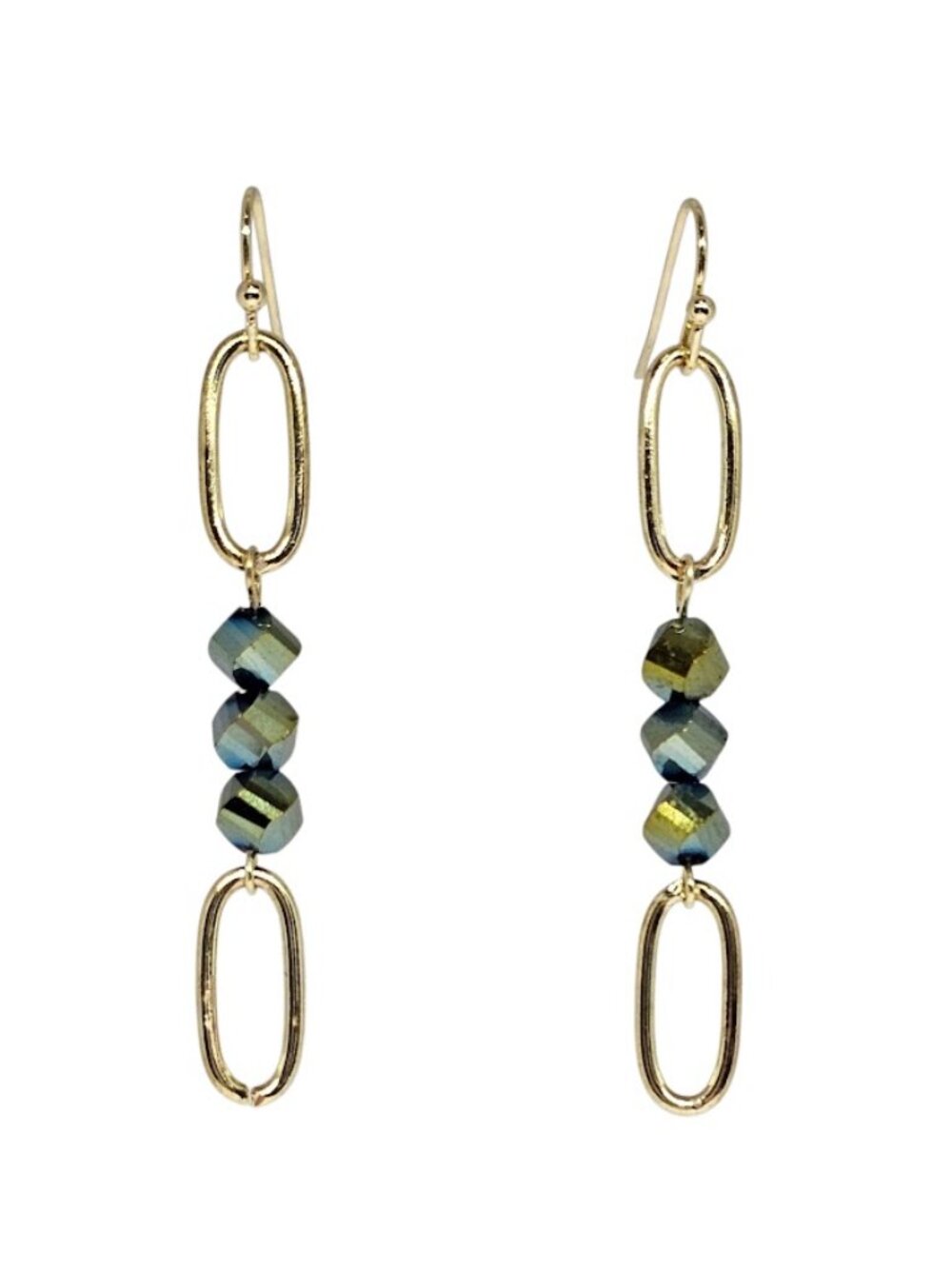 Handmade Green Fire Polished Bead Earrings Gold Oval Link Boho Dangle